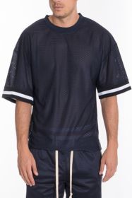 MESH SLEEVE TAPE ATHLETIC TSHIRT (Color: NAVY, size: S)