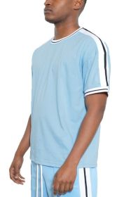 Striped Tape Short Sleeve T-shirt (Color: Light Blue, size: L)